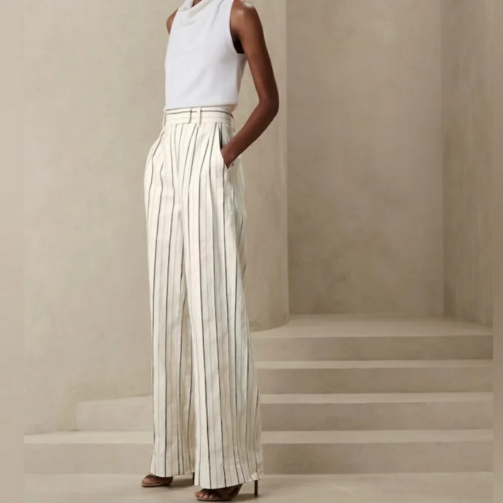 Banana Republic Wide Leg Linen Blend Cream Striped Trousers Size 10p